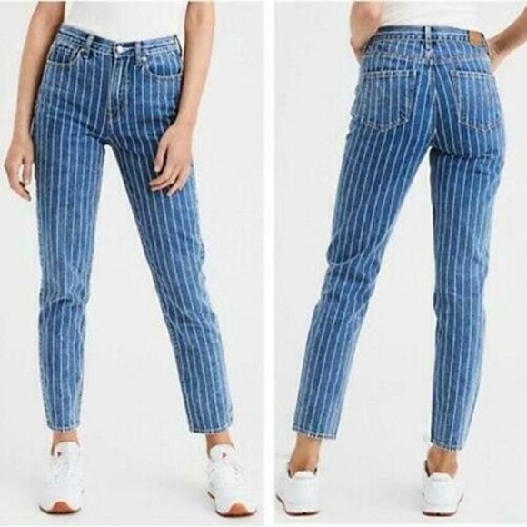 American Eagle Outfitters Denim - American Eagle Striped MOM Jean Blue White H11453